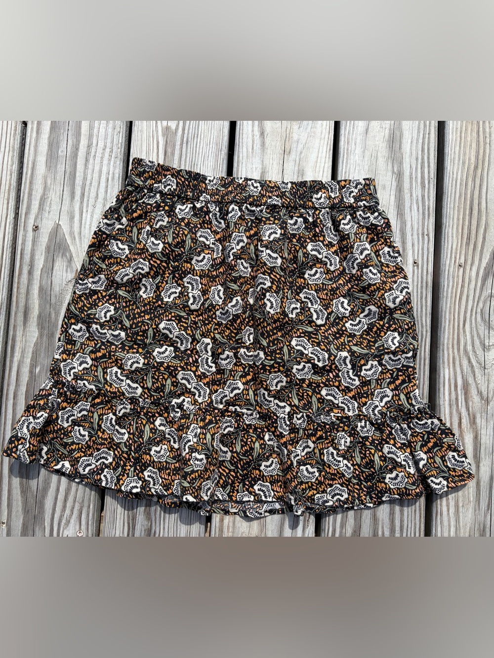 Rachel Zoe Skirt Womens S Black Orange Dark Floral Linen Mini Ruffle Hippie Boho